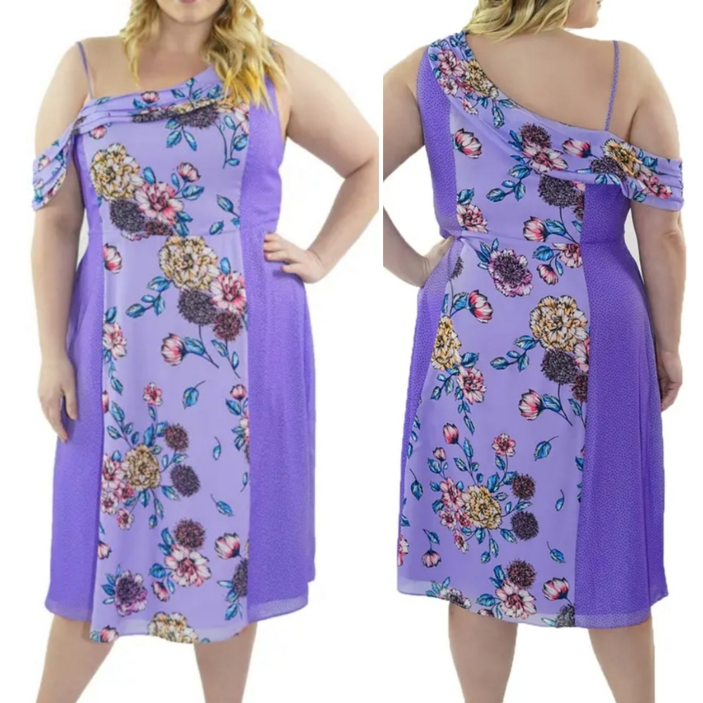 MAREE POUR TOI Off Shoulder Color Block Dress In Purple, Size 18
